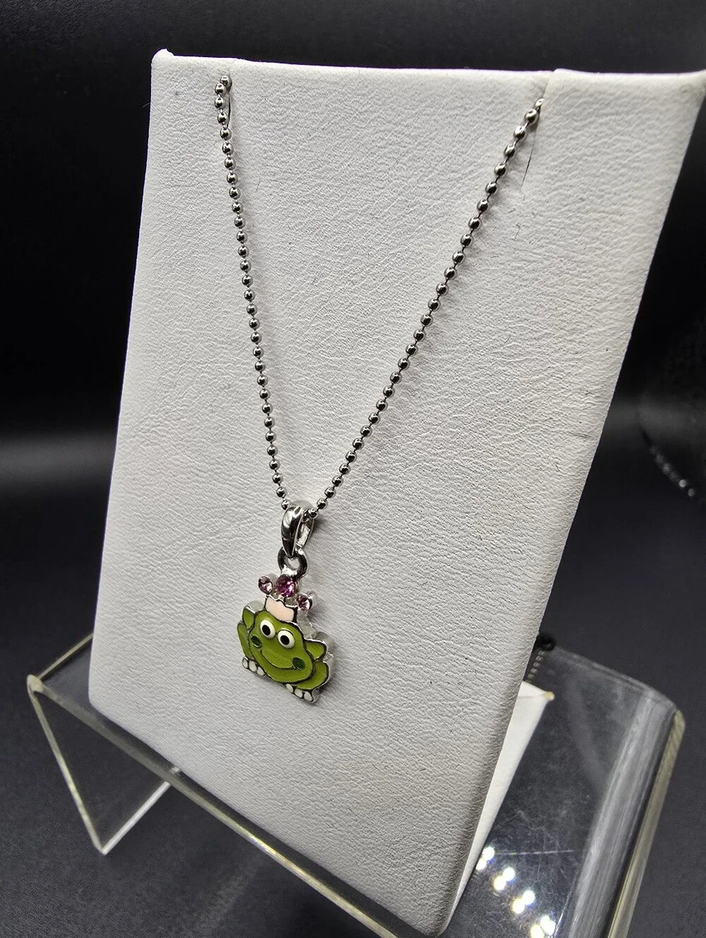 Cookie Lee Green Frog Pendant Necklace with Pink Crown and Small Rhinestone